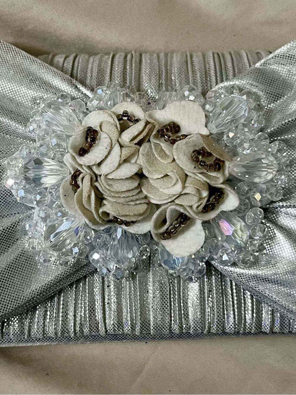 Elegant Silver Floral Crystal Clutch